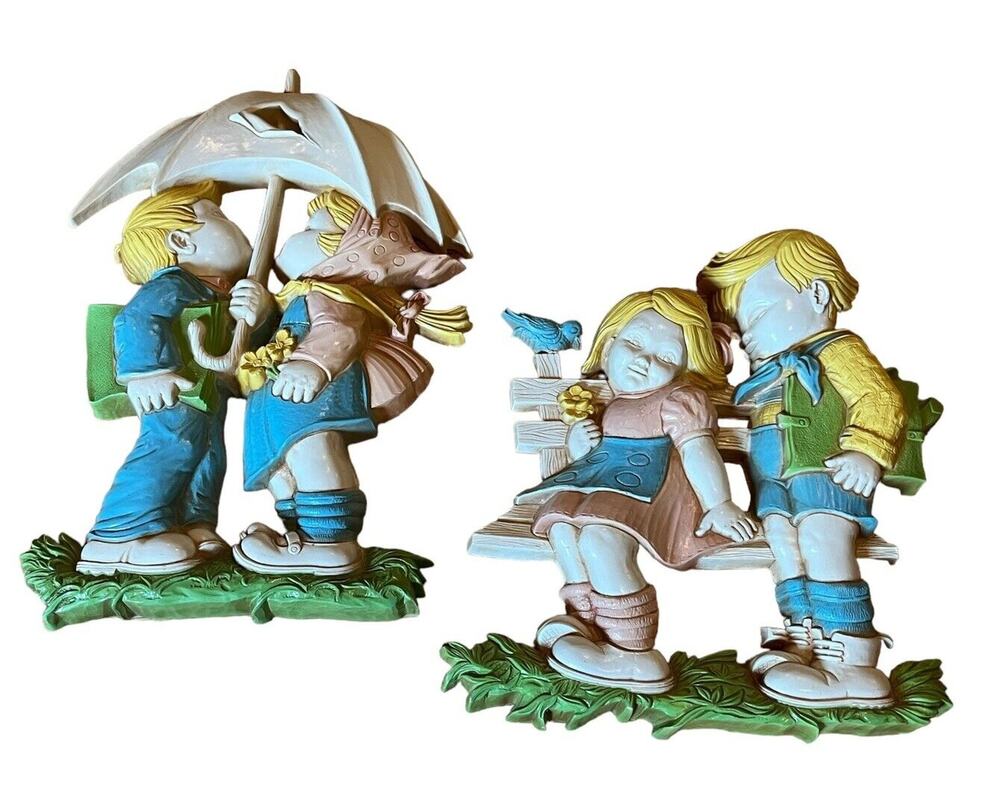 Homco Set of 2 Vintage Plastic Wall Decor Hanging Boy and Girl 1978 VTG Kitschy